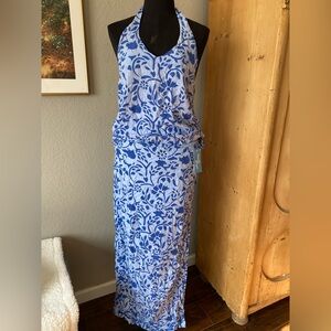 Blue Floral Halter Neck Swim Dress